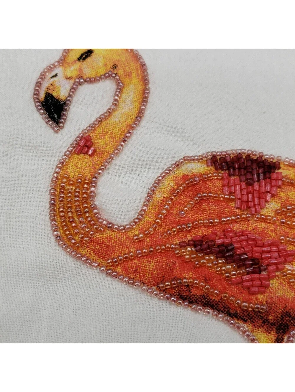 Pier 1 Flamingo Cotton Tea Towel Beaded Accents Velvet Ribbon Trim NWOT
